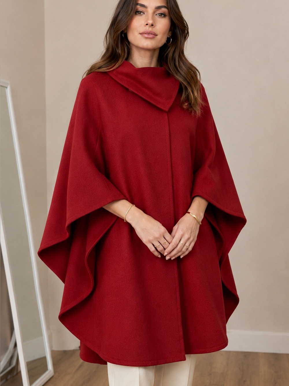 Elegant Vintage Red Wool Cape Coat Womens